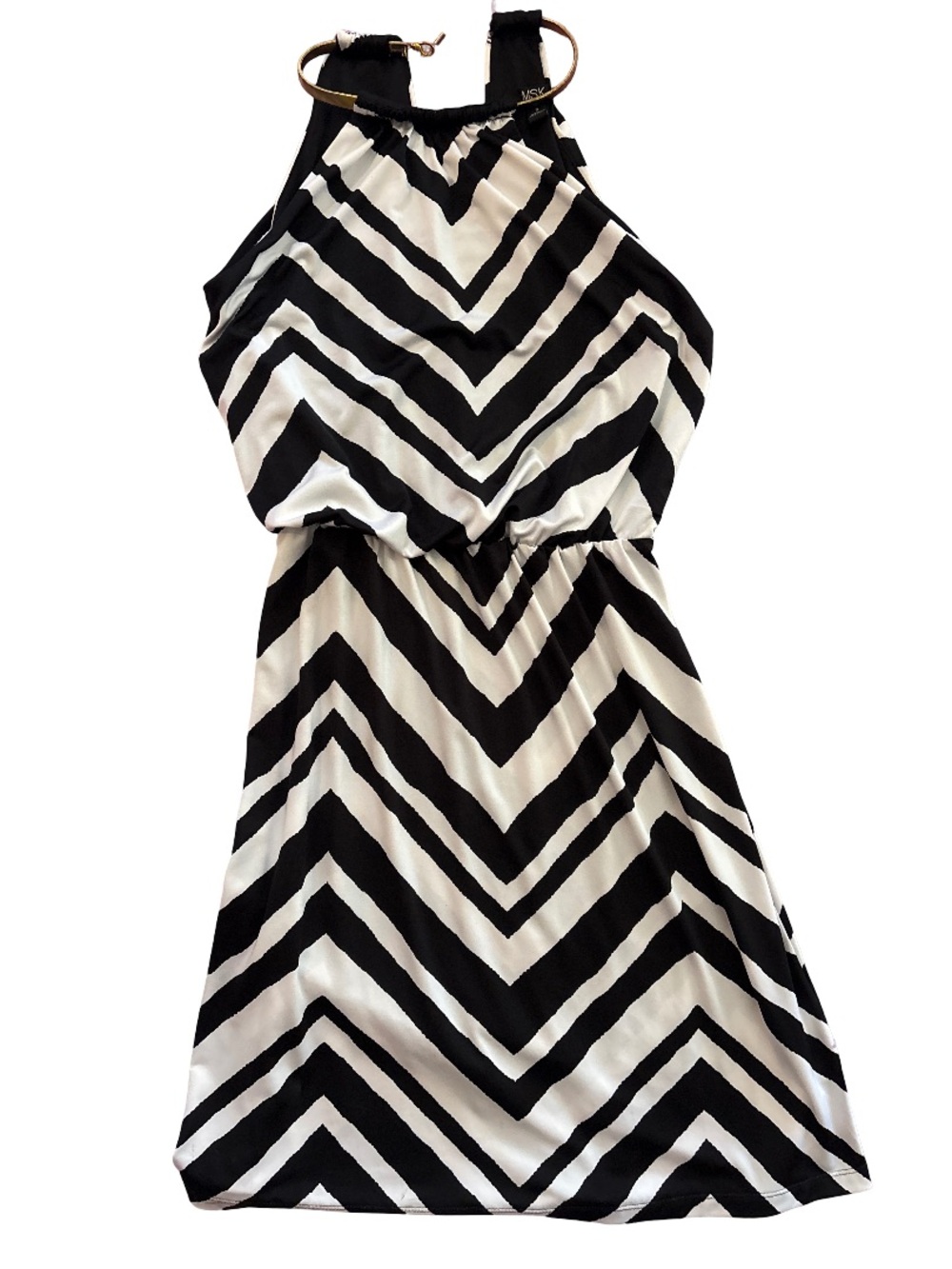 MSK Black and White Chevron Halter Top with Gold Accent